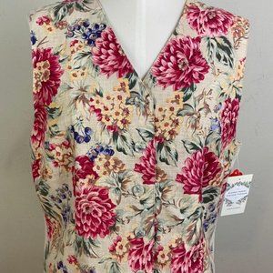 Talbot's Flower Linen Vest / Beige with Burgundy Red Flowers All Lining